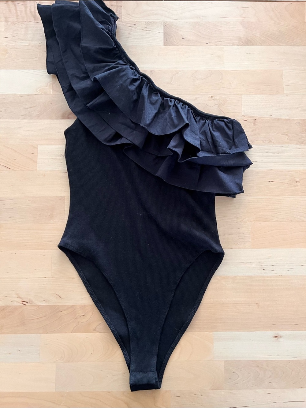 Zara Black One-Shoulder Ruffle Bodysuit